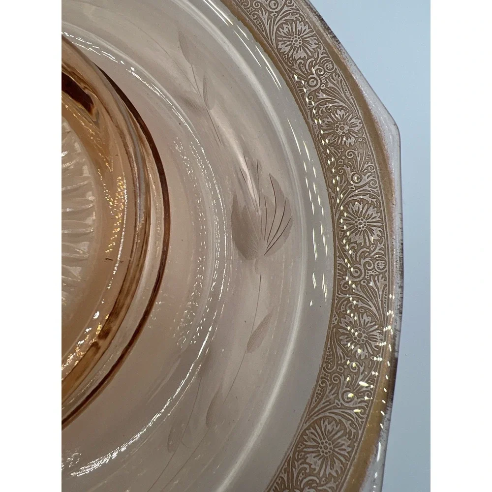 VTG Pink Depression Glass Chip & Dip Set‎ / Console Bowl Etched Scroll Rim